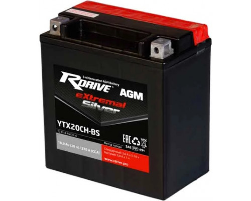 YTX20CH-BS RDRIVE Аккумулятор EXTREMAL SILVER AGM 12В 18 АЧ Стартерный Герметичный Для Мототехники