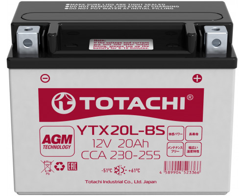 90020 TOTACHI Аккумулятор AGM 12В 20 АЧ Стартерный Герметичный Для Мототехники YTX20L-BS, 518901026, CT12201