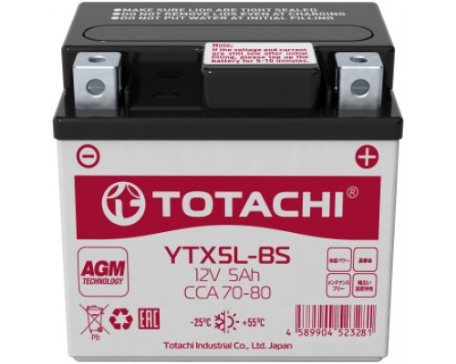 90005 TOTACHI Аккумулятор AGM 12В 5 АЧ Стартерный Герметичный Для Мототехники YTX5L-BS
