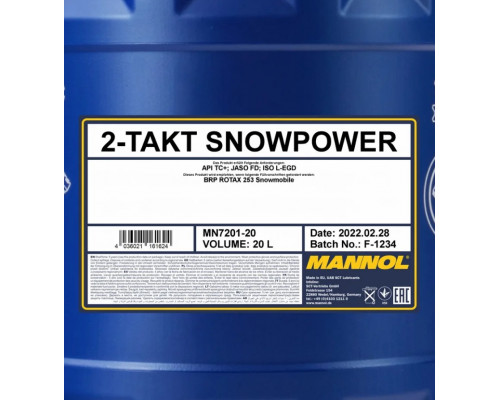 1445 MANNOL SNOWPOWER Моторное Синтетическое 2Т Двухтактное Масло 20 Литров