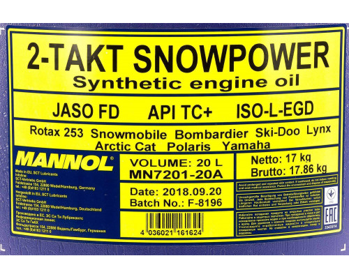 1445 MANNOL SNOWPOWER Моторное Синтетическое 2Т Двухтактное Масло 20 Литров